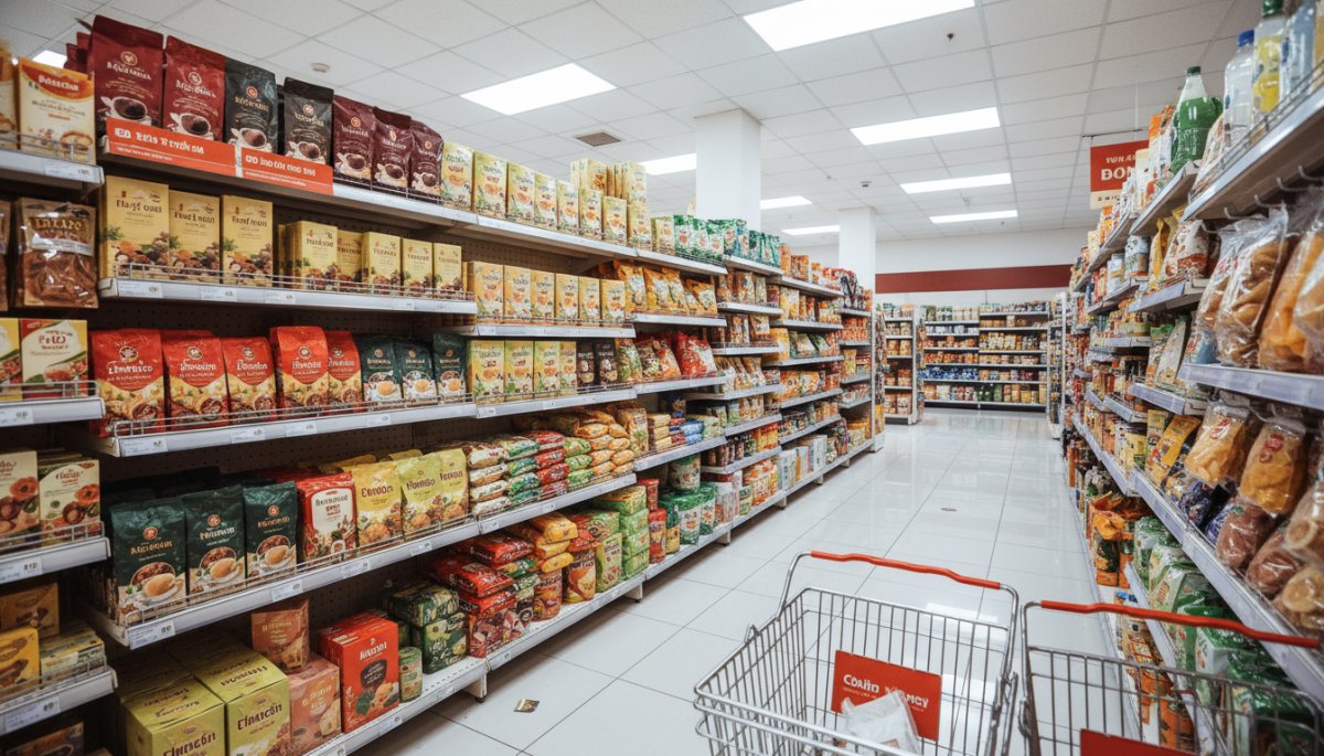 ベトナムスーパーマーケットの食品売り場とコーヒー・お茶コーナー