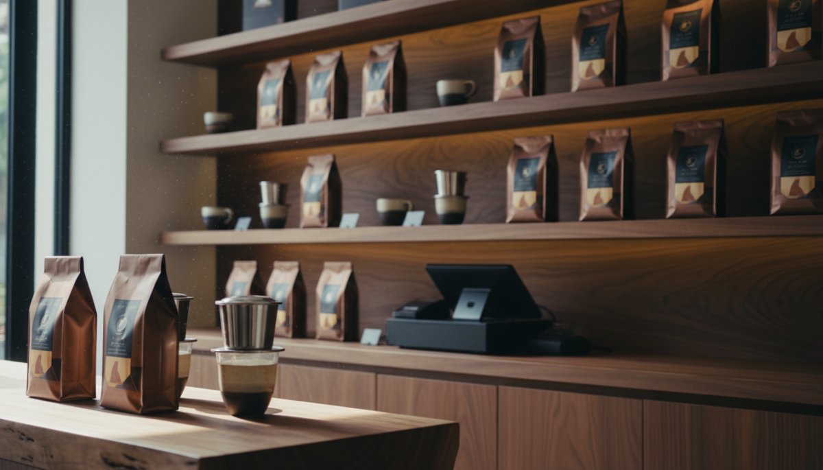 ベトナムコーヒー専門店の店内とパッケージデザイン