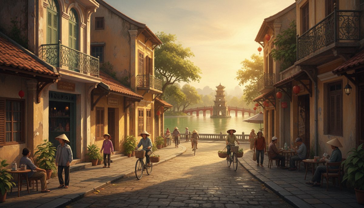 ハノイの旧市街とホアンキエム湖の風景
