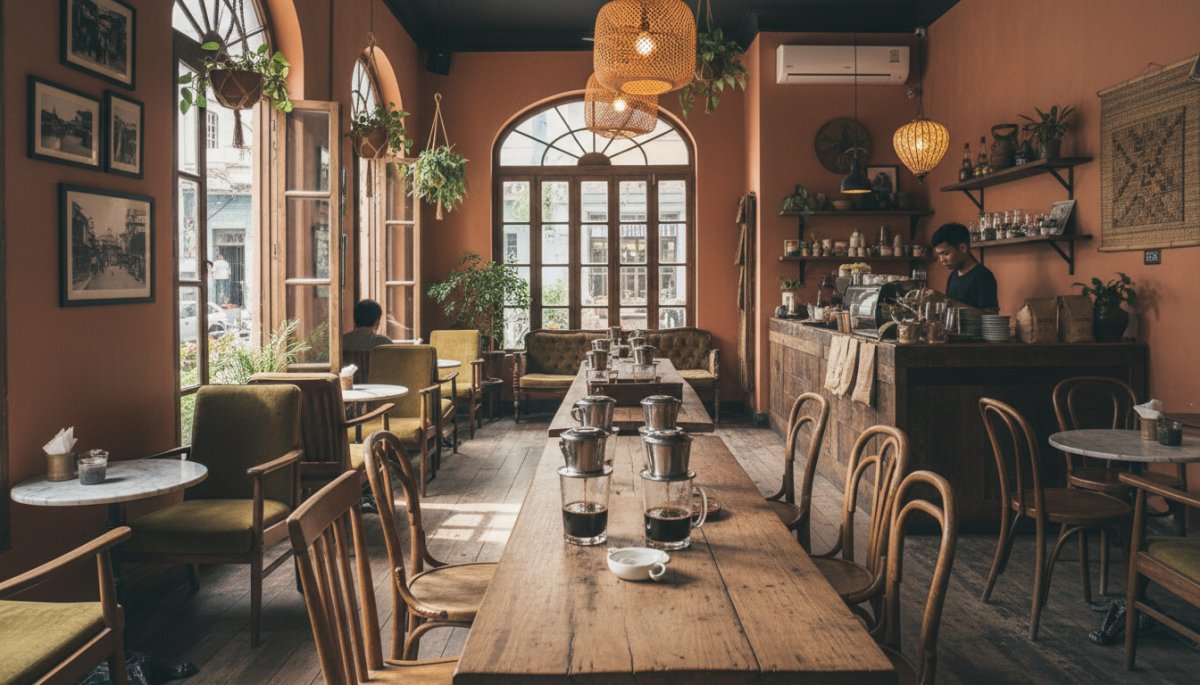 ホーチミンの伝統的なカフェでベトナムコーヒーを楽しむ様子