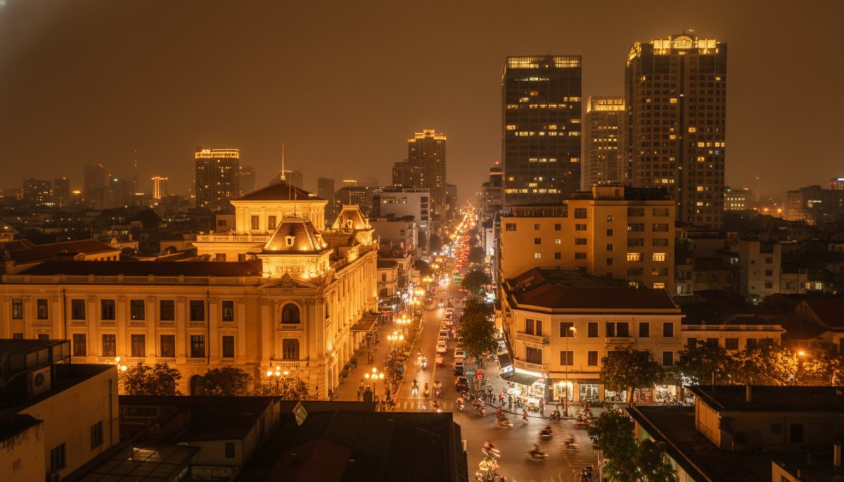 夜のホーチミン市内のライトアップされた街並み