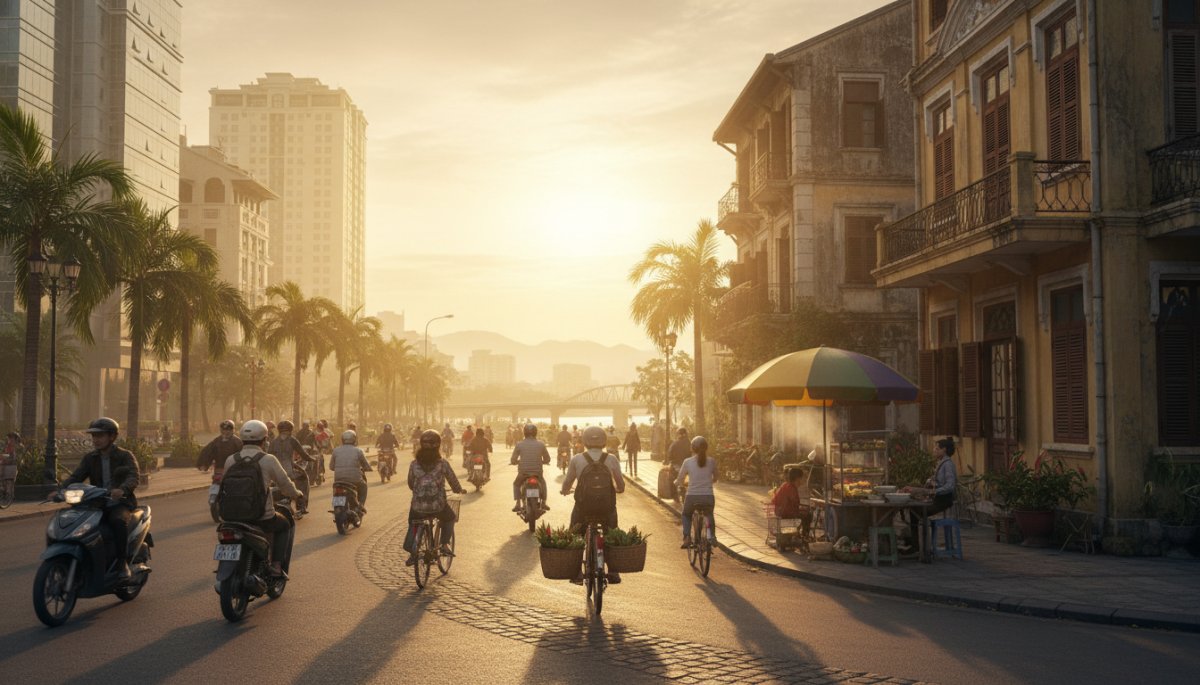 ベトナム都市の安全な街並みと女性旅行者