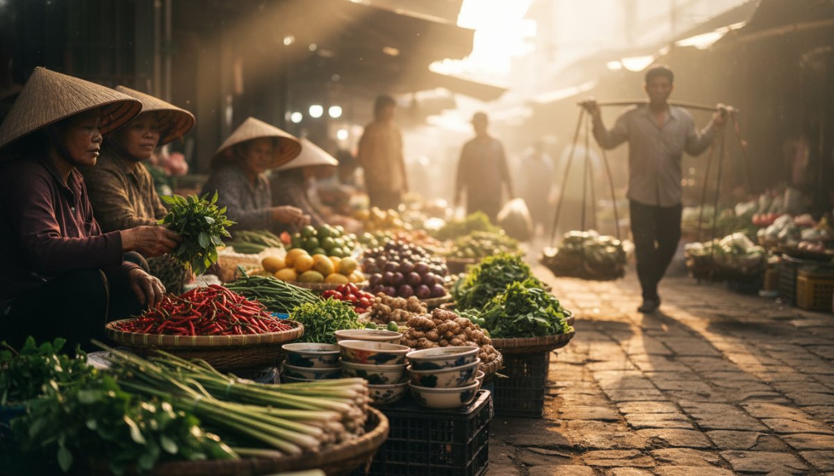 ベトナム市場での安全な買い物風景