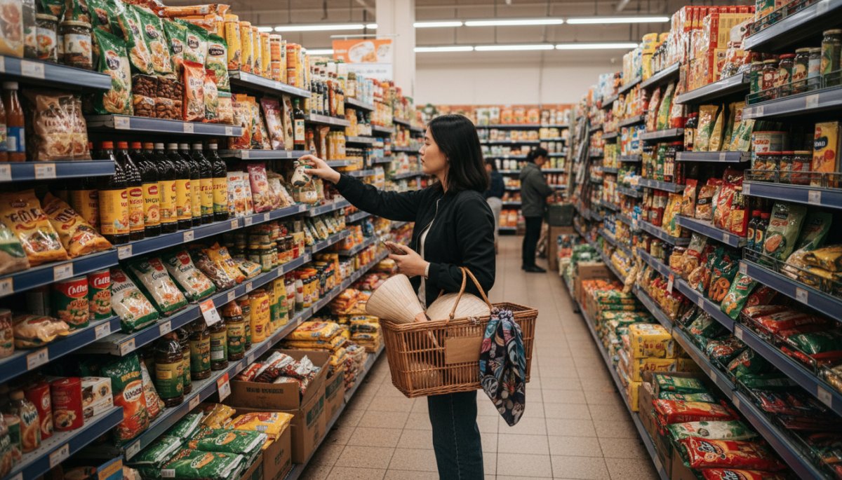 ホーチミンのスーパーでお土産を選ぶ様子