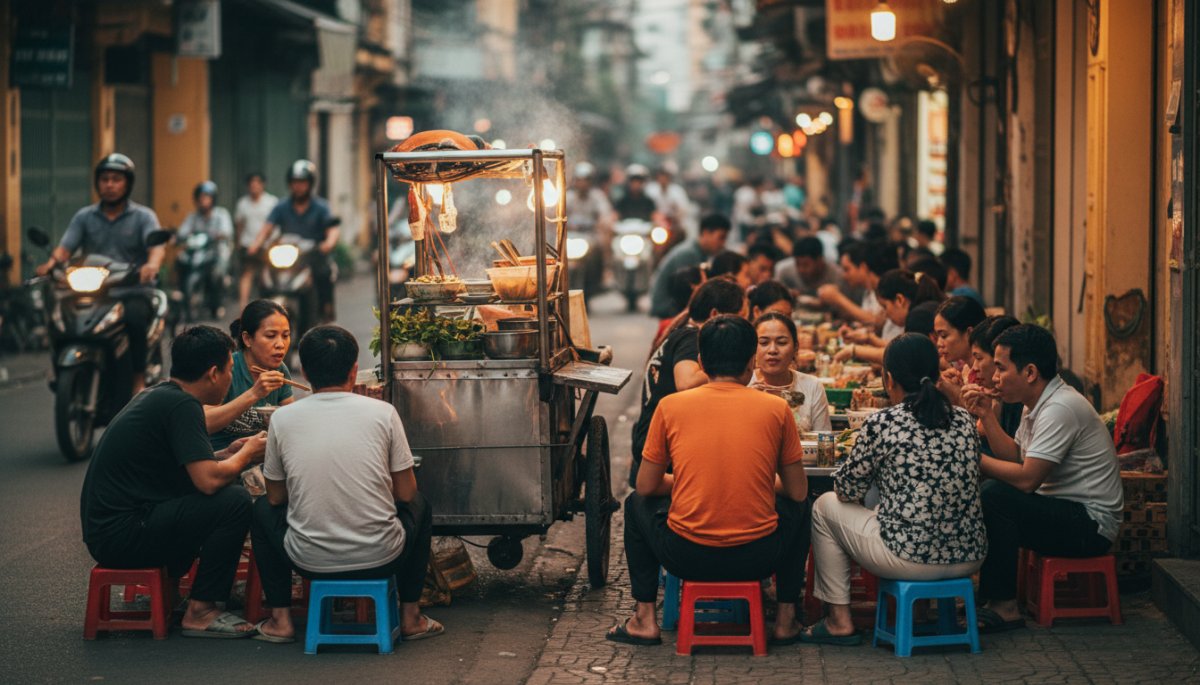 ホーチミンの屋台で食事をする人々とプラスチックの椅子