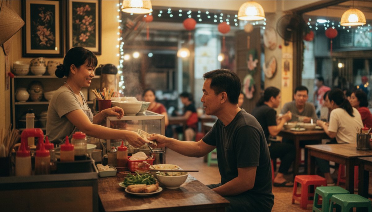 ホーチミンのローカル食堂での会計シーン