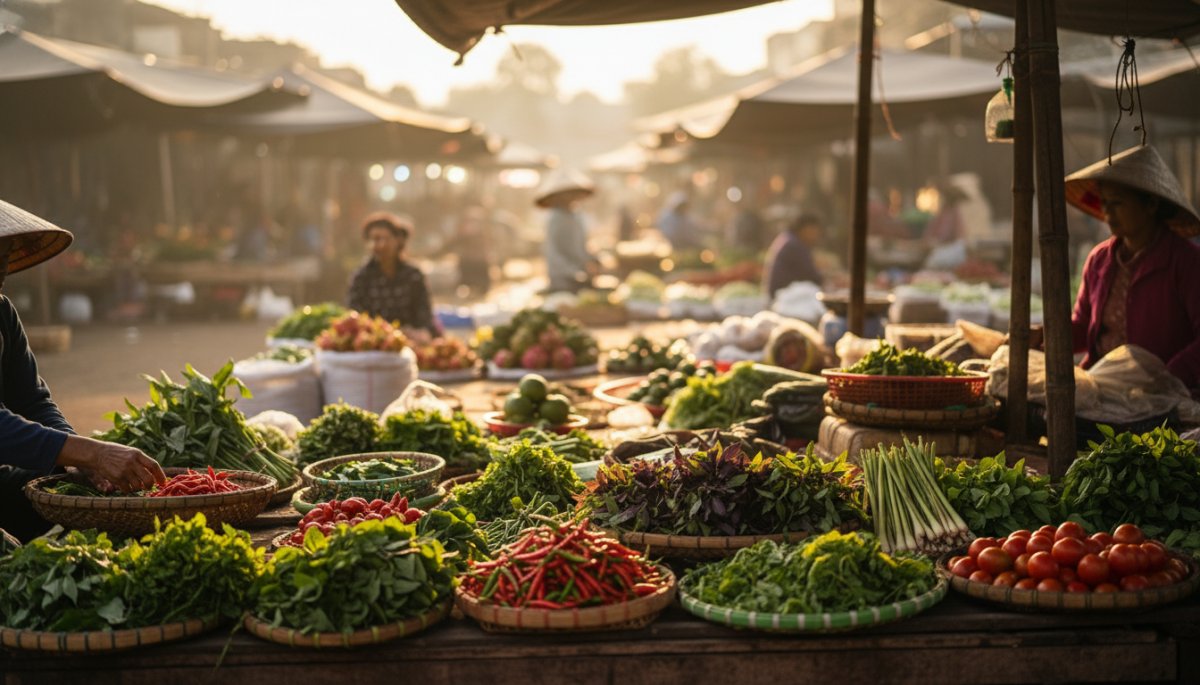 ホーチミンの市場で新鮮な食材を選ぶ様子
