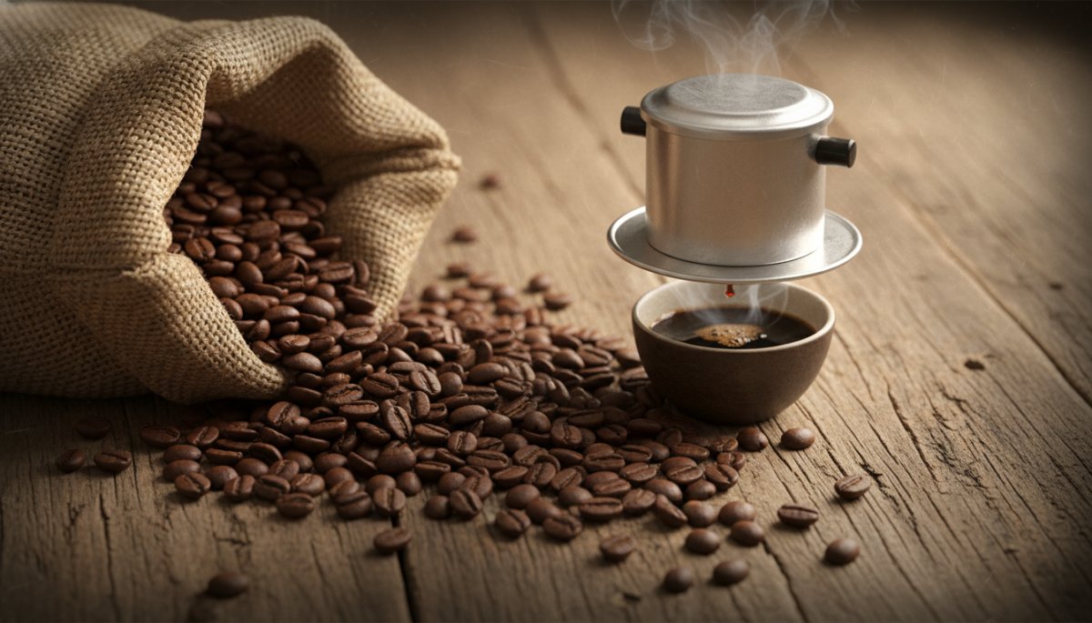 ハノイのベトナムコーヒー豆とアルミ製フィルター