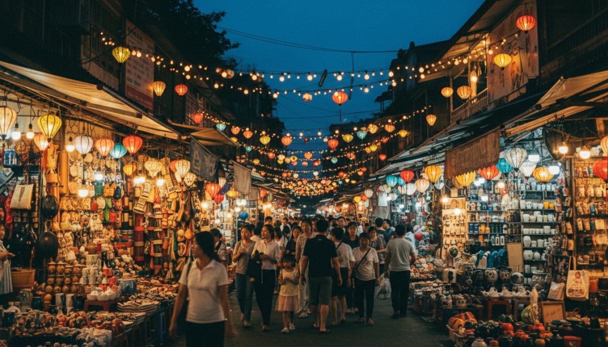 ハノイのナイトマーケットで賑わうお土産店