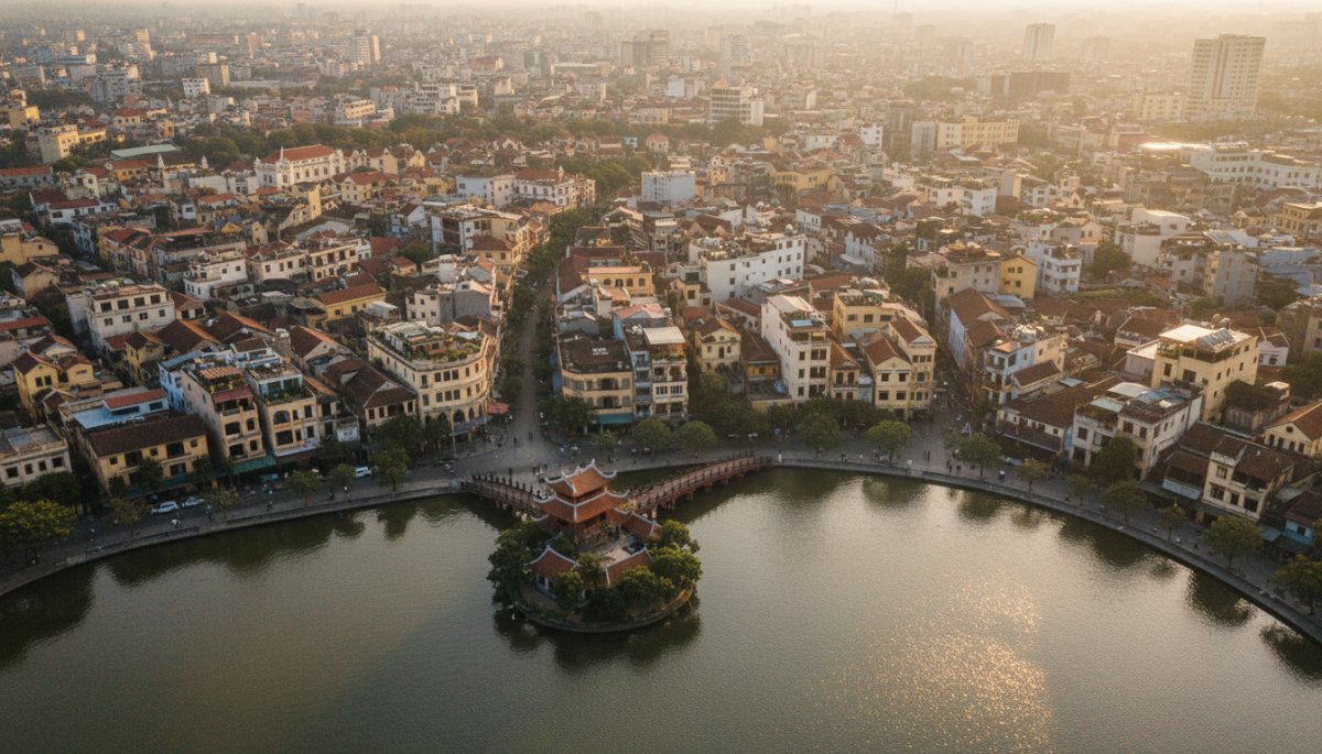 ハノイ旧市街の風景とホアンキエム湖