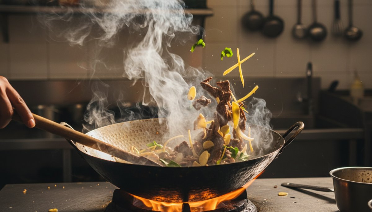 フォーティンの炒め牛肉調理風景