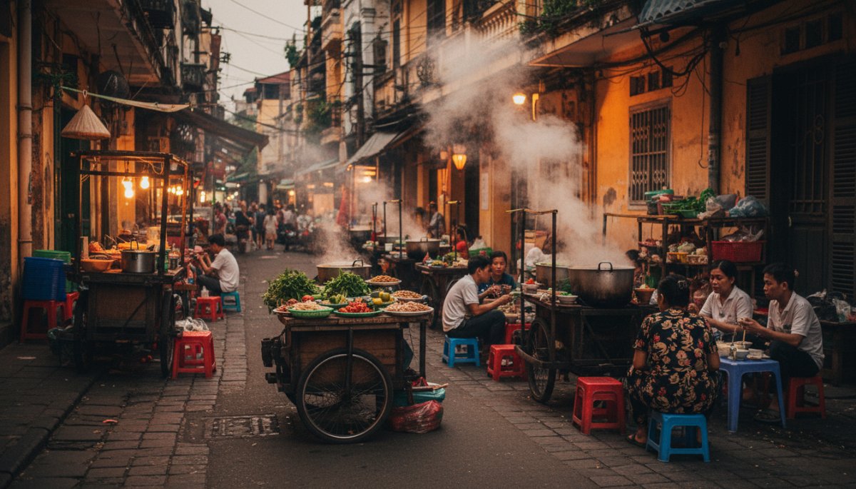 ハノイ旧市街の屋台が並ぶ路地の風景