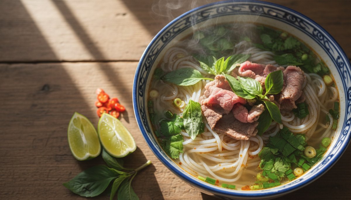 湯気の立つハノイ名物フォーの丼