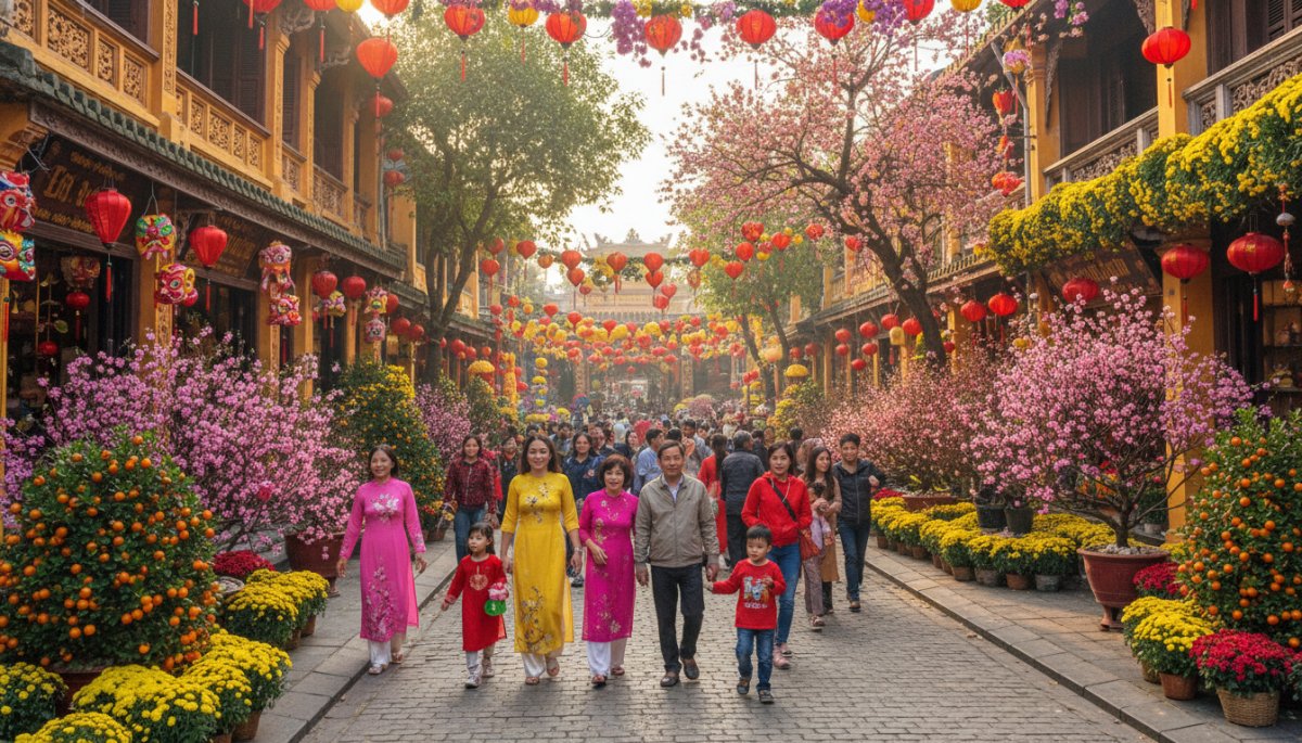 ベトナムテト期間中の街並み装飾と人々