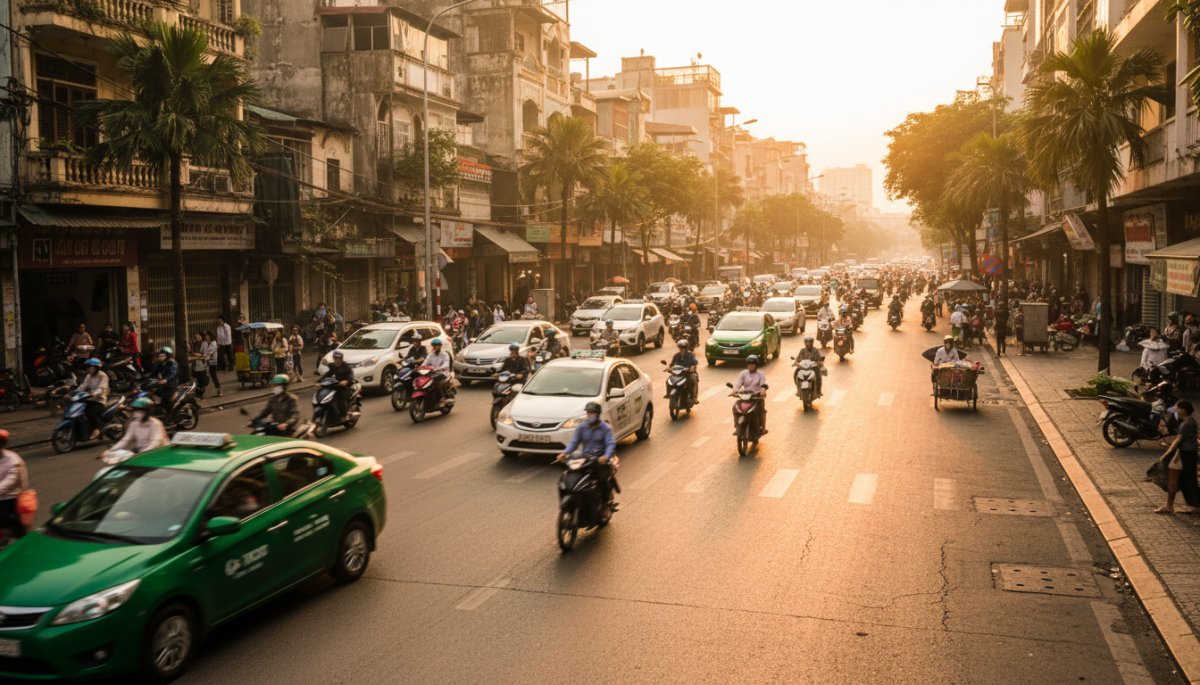 ベトナムの街中を走るタクシー