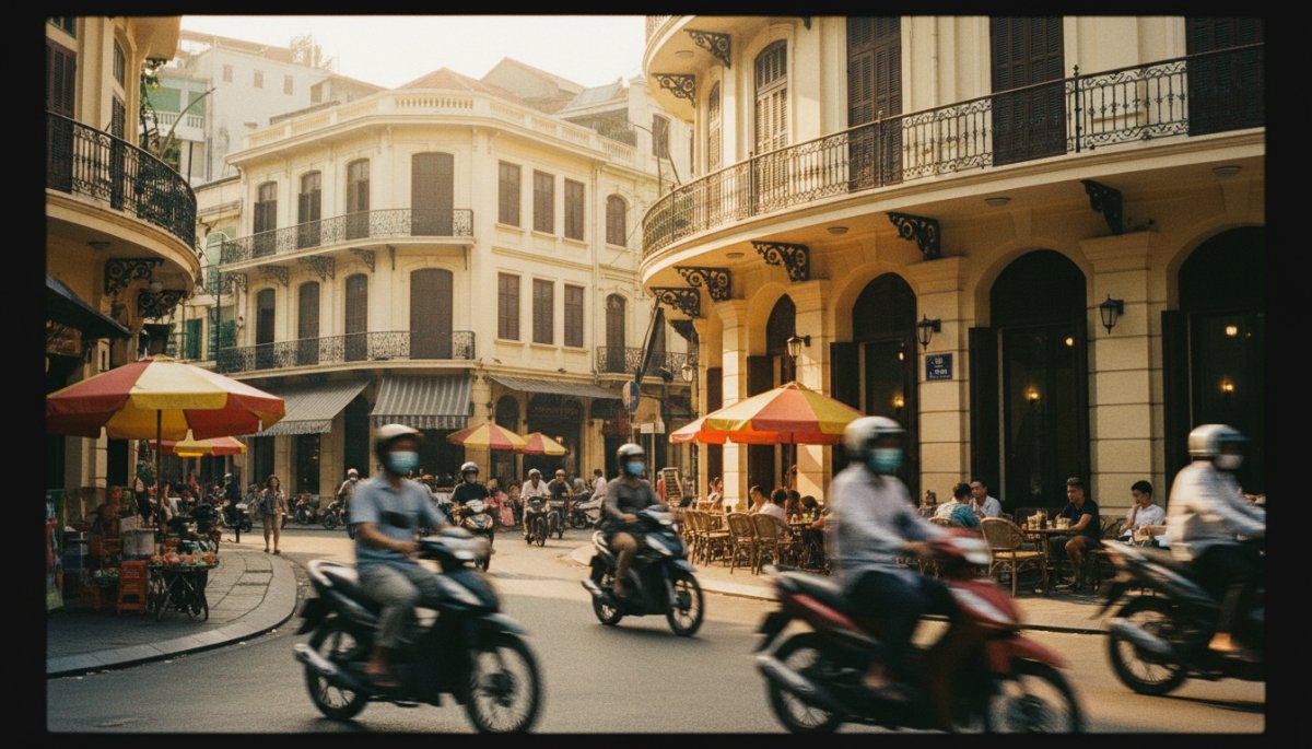 ホーチミン市の活気ある街並みとバイクの流れ
