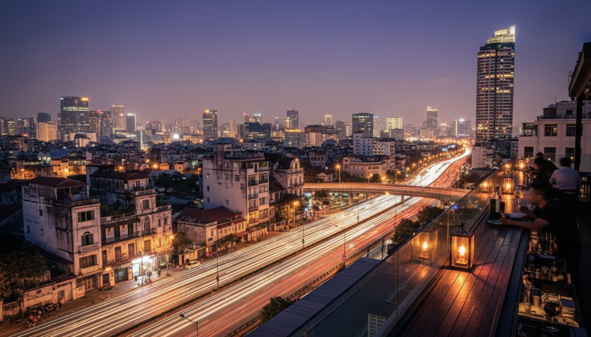 ベトナムの夜景とルーフトップバーの雰囲気