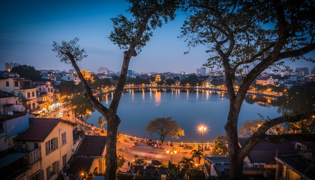 ハノイの旧市街とホアンキエム湖の夜景