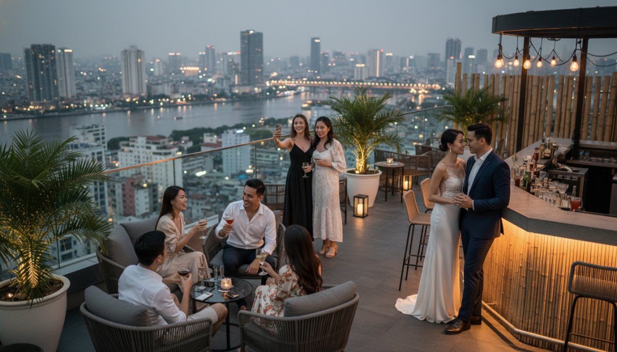 ベトナムのルーフトップバーでのドレススタイル