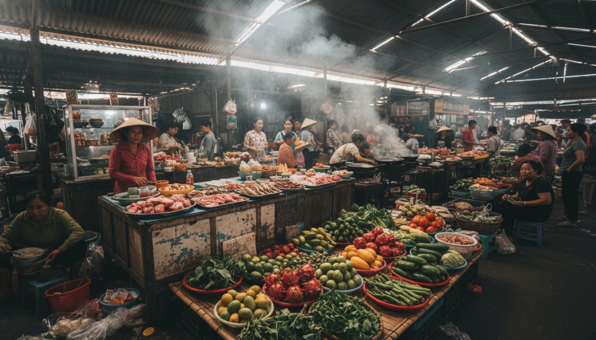 ホーチミンベンタイン市場の新鮮な食材と屋台