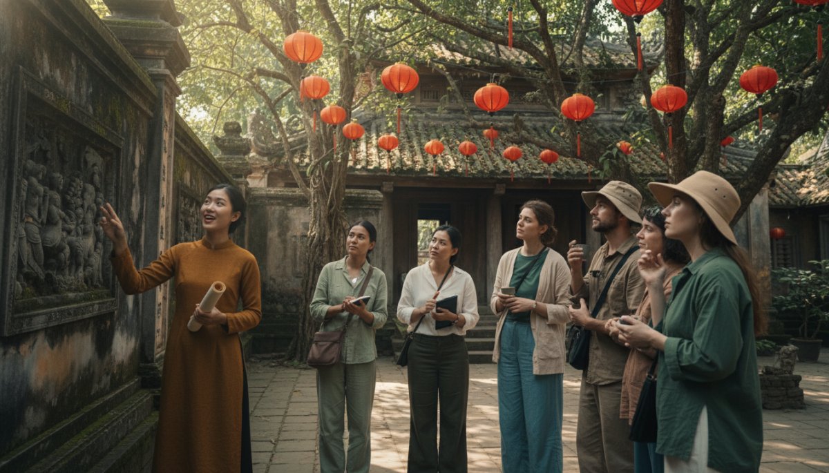 ベトナム現地ツアーガイドと観光客