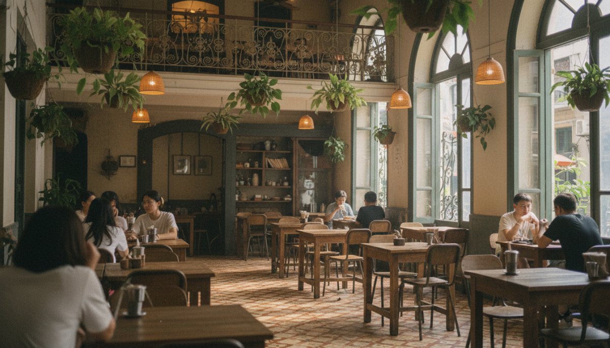 ホーチミンのおしゃれなカフェで休憩する観光客
