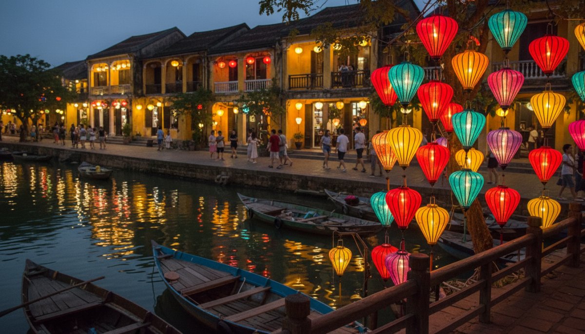 ホイアン旧市街の夜のランタンが灯る風景