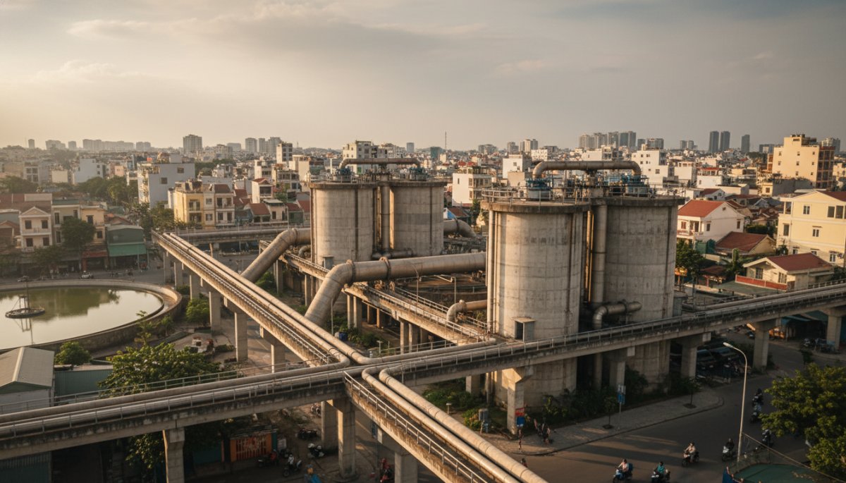 ベトナムの都市部の水道設備と浄水施設の風景