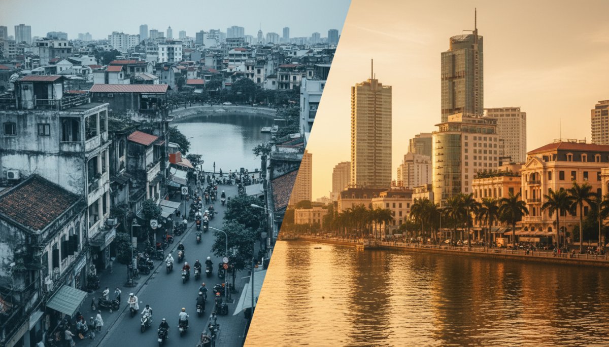 ハノイとホーチミンの都市風景と水の違いを表現したイメージ