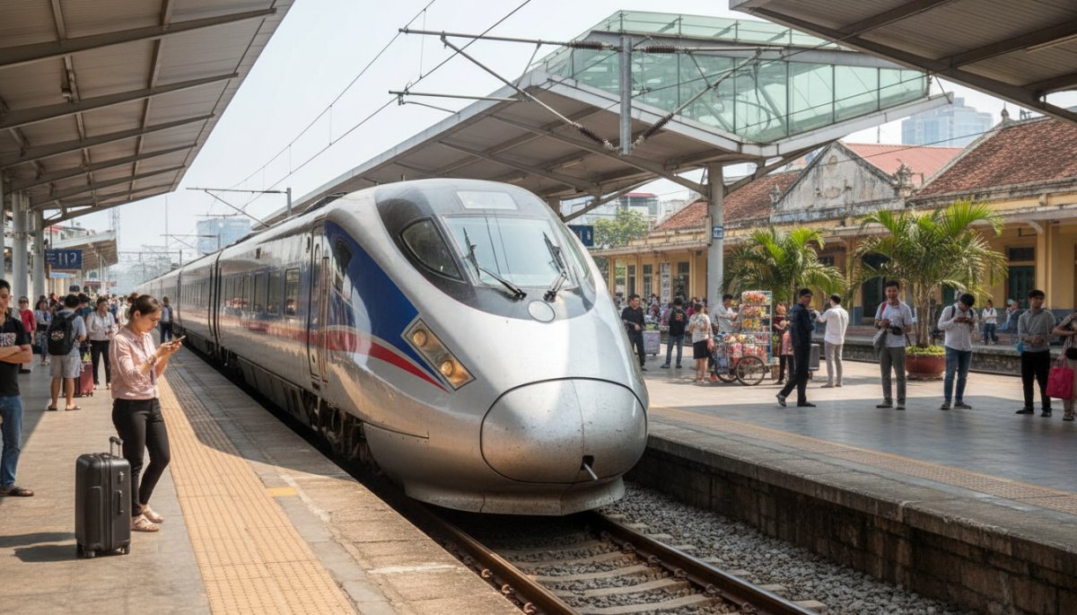ベトナム統一鉄道の車両と駅のホーム