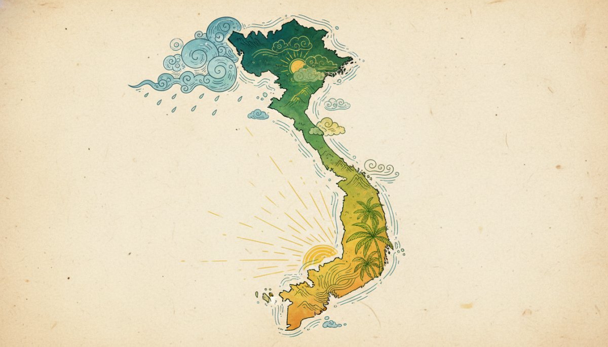 ベトナム北部中部南部の気候区分と雨季乾季の違いを示すマップ