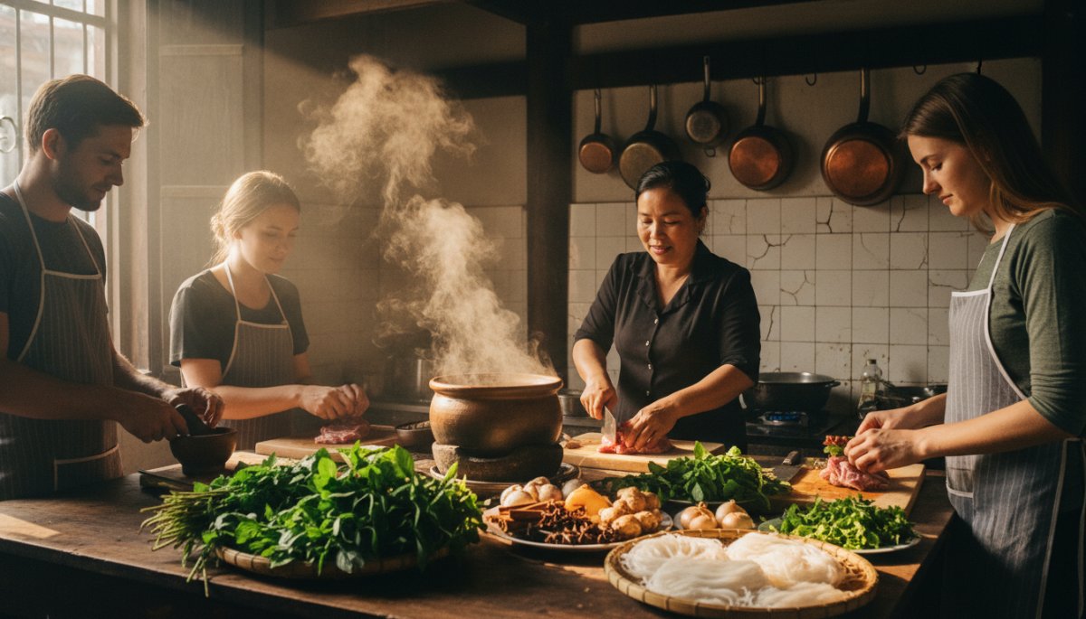 ハノイの料理教室でフォー作りを学ぶ様子