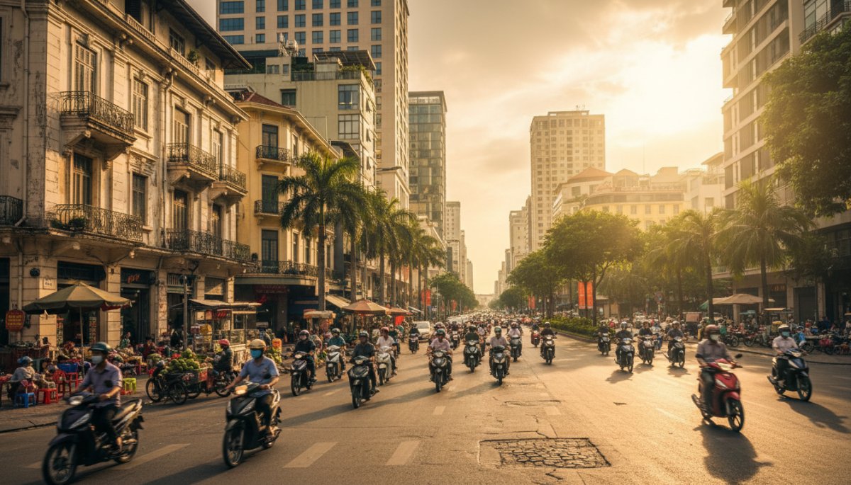 ホーチミン市街地のバイクと街並み