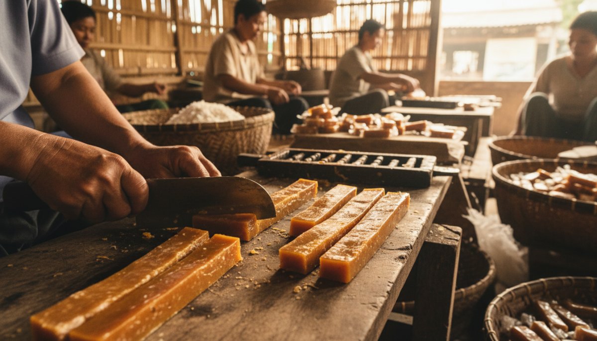 メコンデルタのココナッツキャンディ工房で働く職人