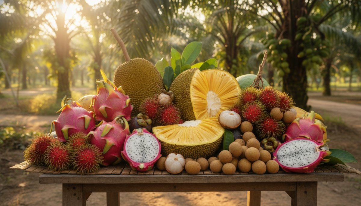 メコンデルタの果樹園で提供されるトロピカルフルーツ