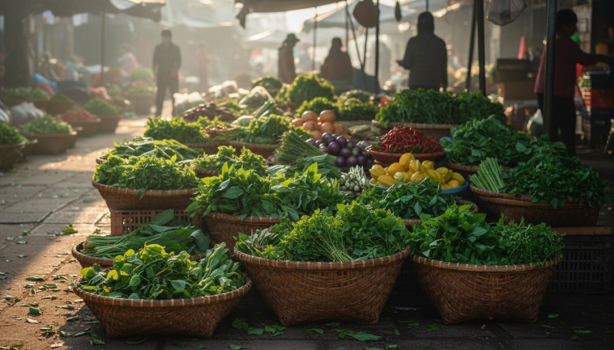 ベトナム市場に並ぶ新鮮な野菜とハーブ