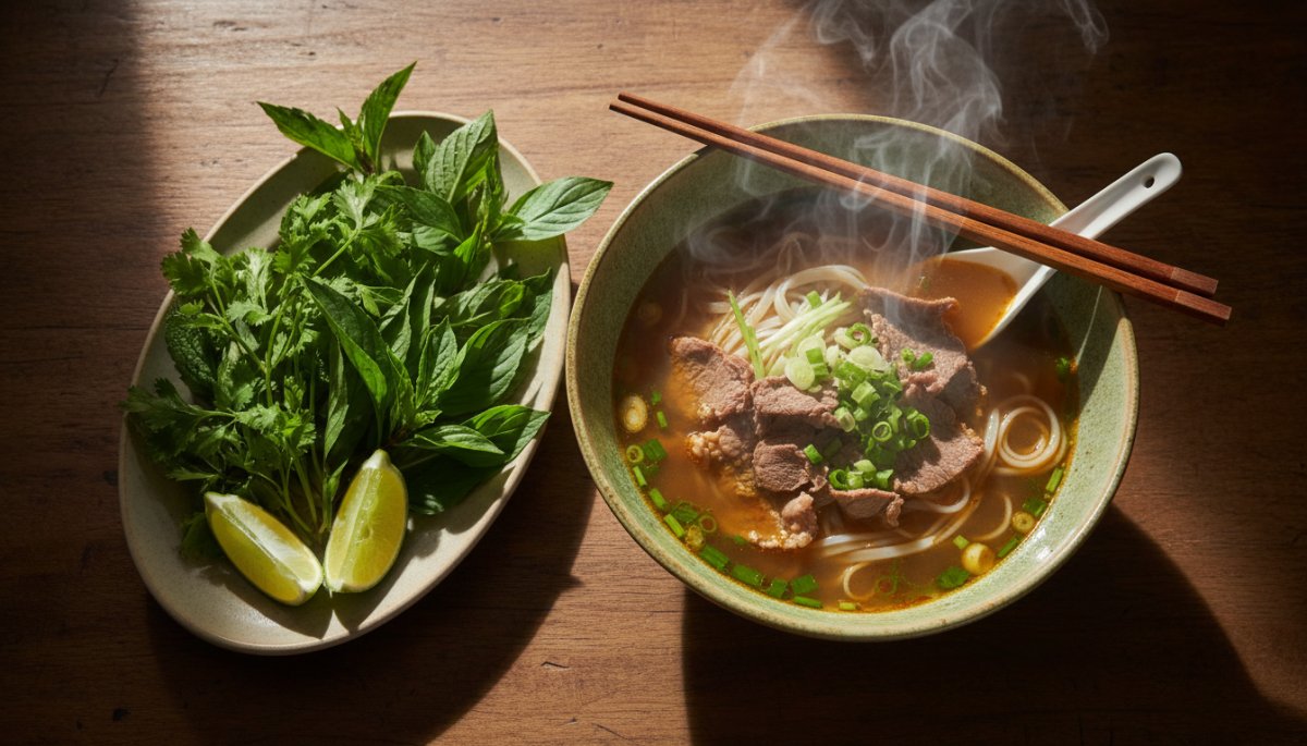 ベトナムの香草を使った伝統的なフォー