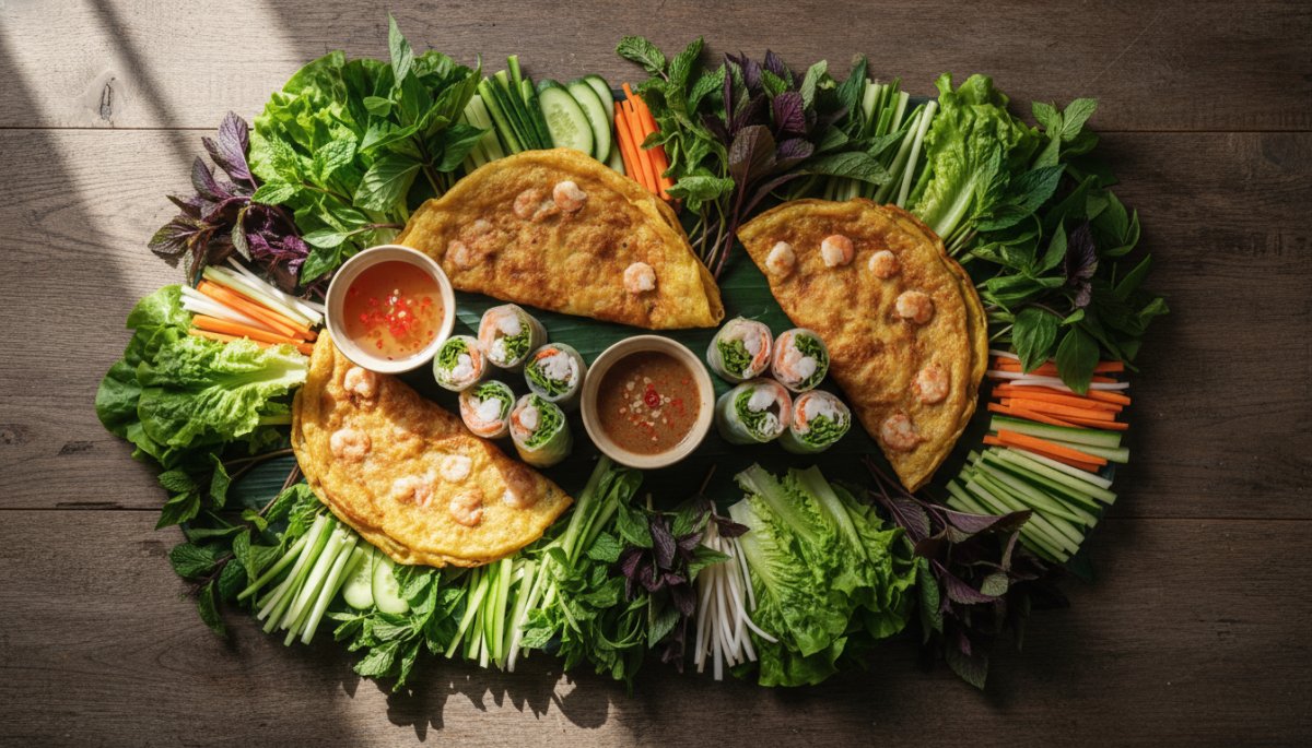 野菜をたっぷり使ったバインセオと生春巻き