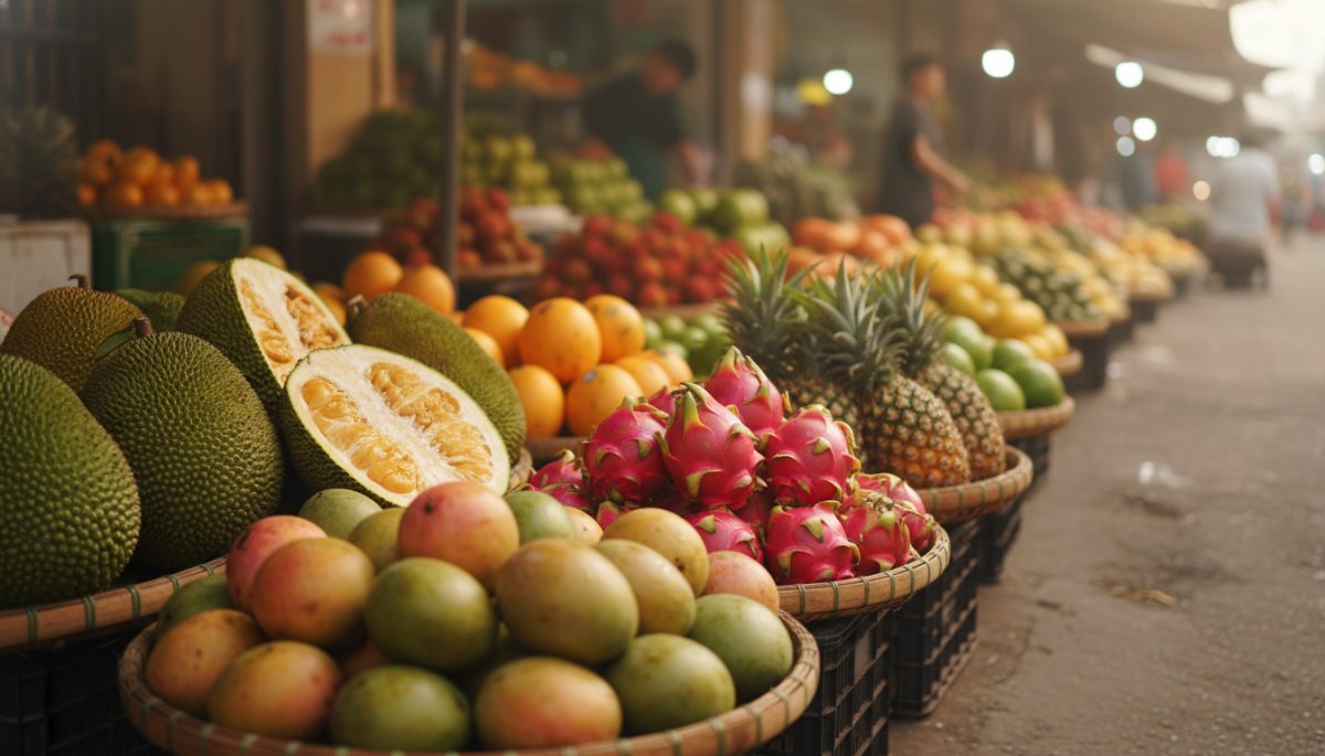 ベトナムの熱帯フルーツ市場の風景