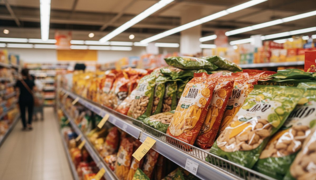 ベトナムのスーパーマーケットに並ぶナッツ商品