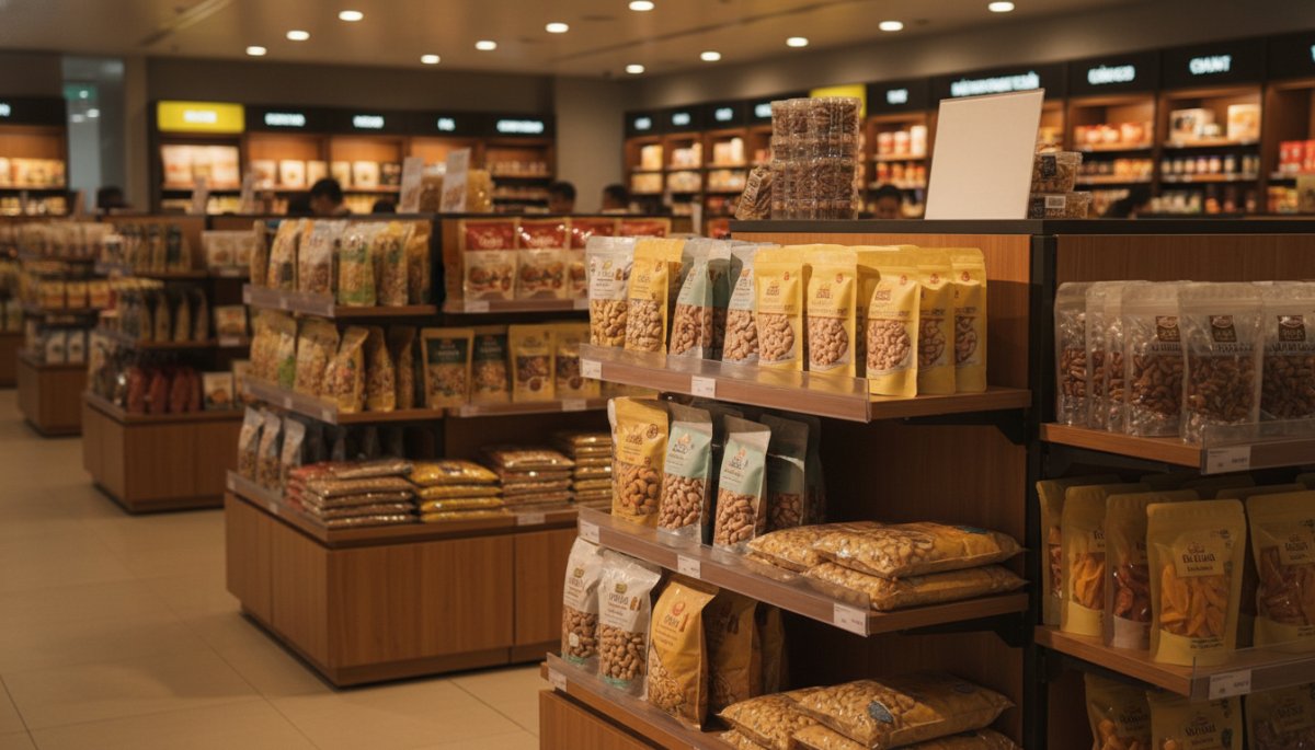 ベトナムの空港お土産ショップでナッツを選ぶ旅行者