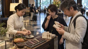 ホーチミンのホテルロビーでベトナム産チョコレートを試食して選ぶ旅行者