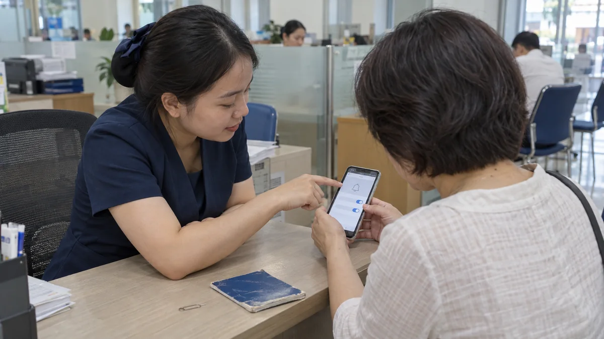 ベトナムの銀行窓口でアプリの無料プッシュ通知設定を確認する日本人利用者