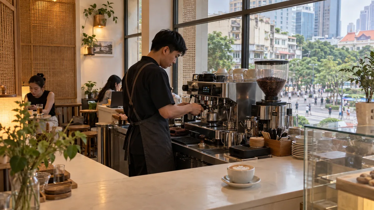 ホーチミン中心部を望む竹細工のカフェでエスプレッソを抽出する店員