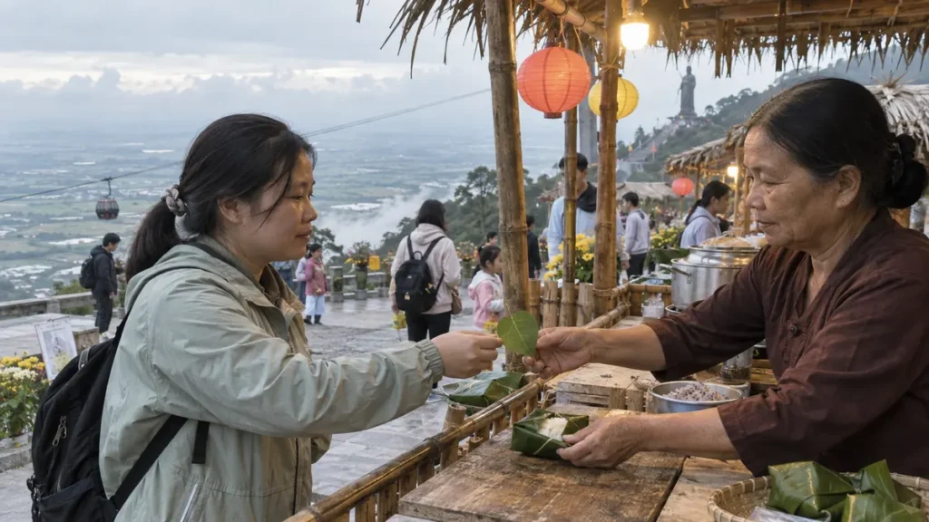 バーデン山頂の葉っぱ市で菩提樹の葉と軽食を交換する様子