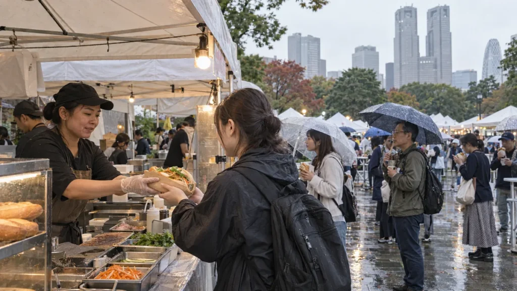雨の新宿中央公園でバインミーを受け取る来場者と屋外フェスの屋台