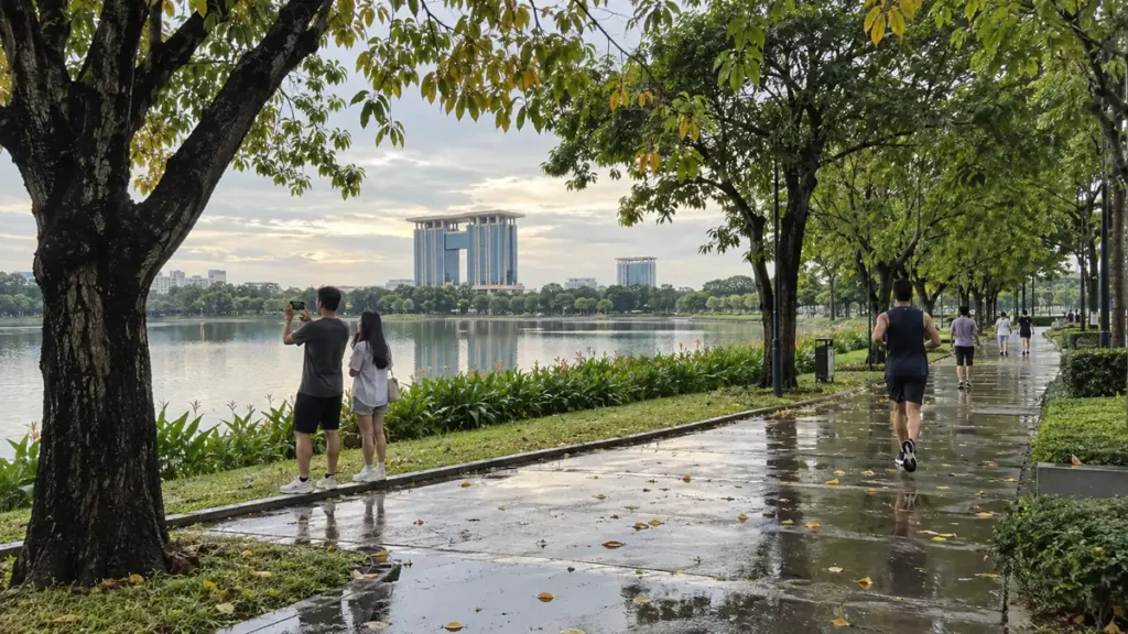 雨上がりのビンズオン新都市公園で湖畔の並木道を歩く人々