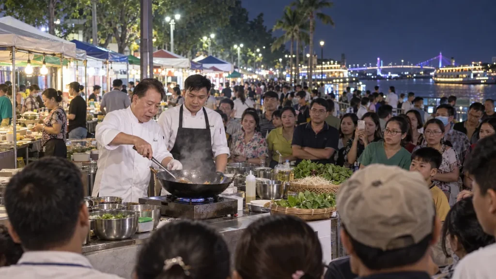 カントーの夜の食の市で行われる料理実演