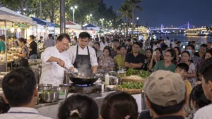カントーの夜の食の市で行われる料理実演