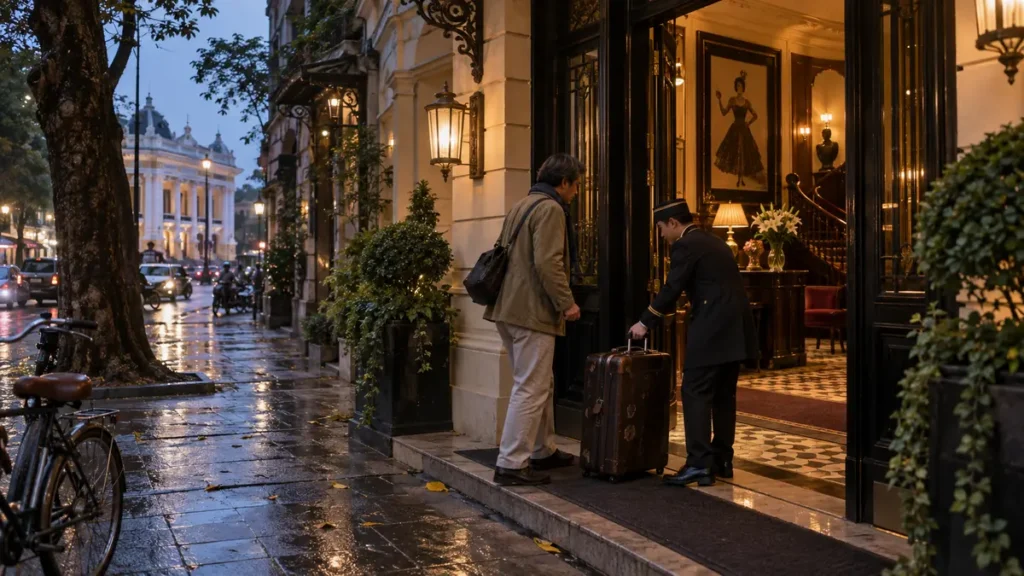 雨上がりのハノイでオペラ装飾の小規模ホテルへ到着する旅行者